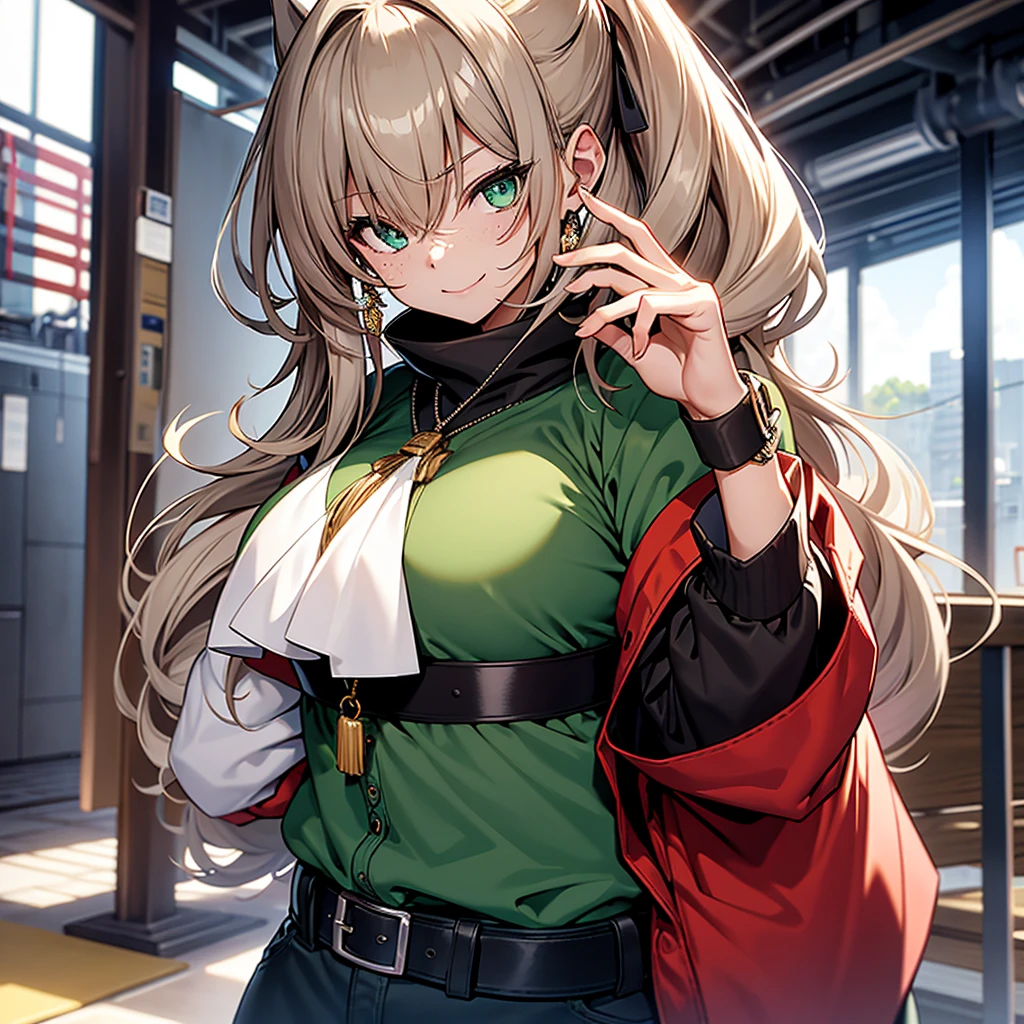 Character Design 1. 顔とexpression: • Healthy tan skin • Emerald green eyes • Big winking smile • Small freckles 2. Hairstyle: • Long, wavy brown hair • Horse mane ponytail 3. clothing: • American flag colors(red、white、green)を思わせる涼しげで少しsexyなキャミソール • デニムのショートパンツが見える程度 4. Body Type: • 恵まれたBody Type 5. accessories: • Western-style necklaces and bracelets • Horseshoe earrings • Belt buckles with horse symbols Background 1. landscape: • コミカルでpopなアニメスタイルの馬の顔のイラスト Pauseと雰囲気 1. Pause: • Winking and making a gun with his hand、人差し指でこちらに向けて撃っている真似をするPause • 身体を少しひねり、fineでイタズラな性格が現れるようにする 2. expression: • A big smile and a wink: Eyes shine、Fun and freedom、そして少しのイタズラ心を感じさせるexpression 色使い • 全体的にカラフルでpopな世界観 • キャミソールにはアメリカ国旗の色(red、white、green)を基調に • 背景には明るくコミカルな色合い effectとAngle of View 1. effect: • Lines of movement: To emphasize the movement of the hair and camisole、流れるような風のエフェクトを追加 • 発光effect: To match the colorful background、キャラクターや背景に光沢や発光effectを付ける • 風の動き: 髪やキャミソールが風に舞うようなeffectで動きを強調 2. Angle of View: • Close-up: Focus on the character's face and upper body、expressionやディテールを強調するClose-upショット • 広角レンズeffect: キャラクターのダイナミックな動きを強調するために広角レンズのようなeffectを使用 ・コンセプトアート、cute、sexy、Exposed skin、Cowboy Shot、Close-up、Correct Anatomy、Lens flare、Colorful worldview、Fractal Art、pop、fine