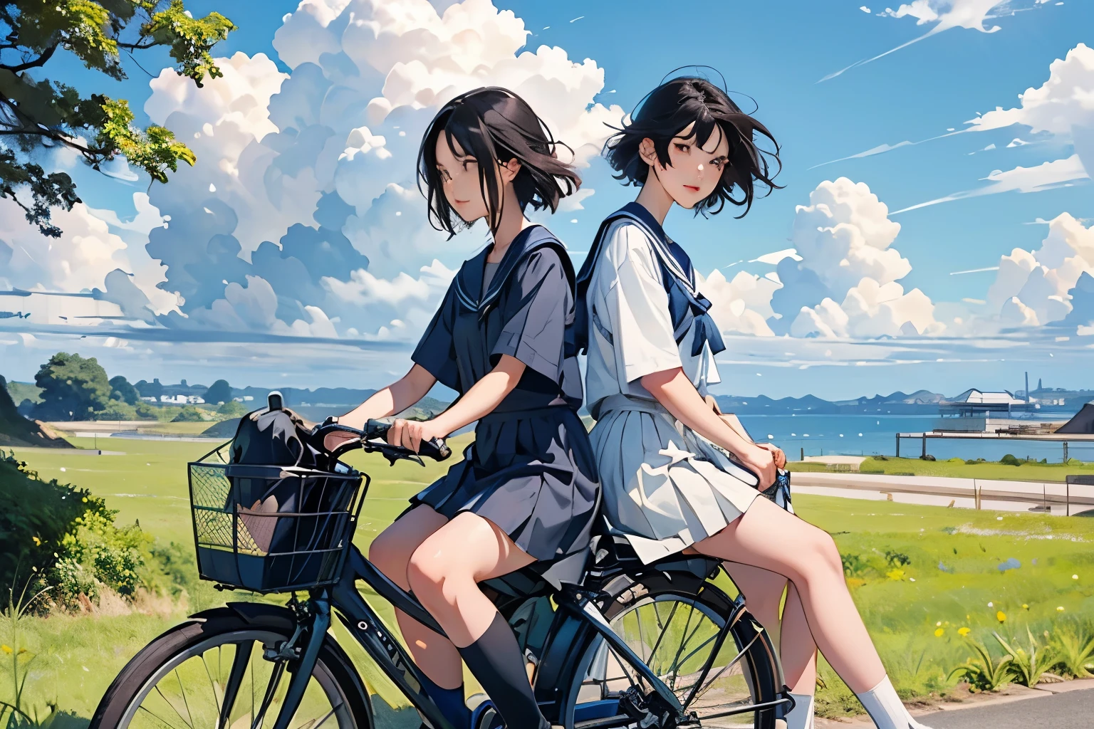(Two girls on bicycles riding side by side:1.2)、Beautiful 17 year old Japan woman、Hair color is black、black eye、Medium Hair、short hair、Straight hair、smile、slender but well-proportioned body,、I'm wearing a sailor suit、Short sleeve、Wearing a white pleated skirt、Short skirt、Wear loafers、School Bags、summer、countryside、Long concrete road、A little overgrown grass、electric wire、Beautiful blue sky and white cumulonimbus clouds、Beautiful sea、Birds are flying、Highest quality、detailed、