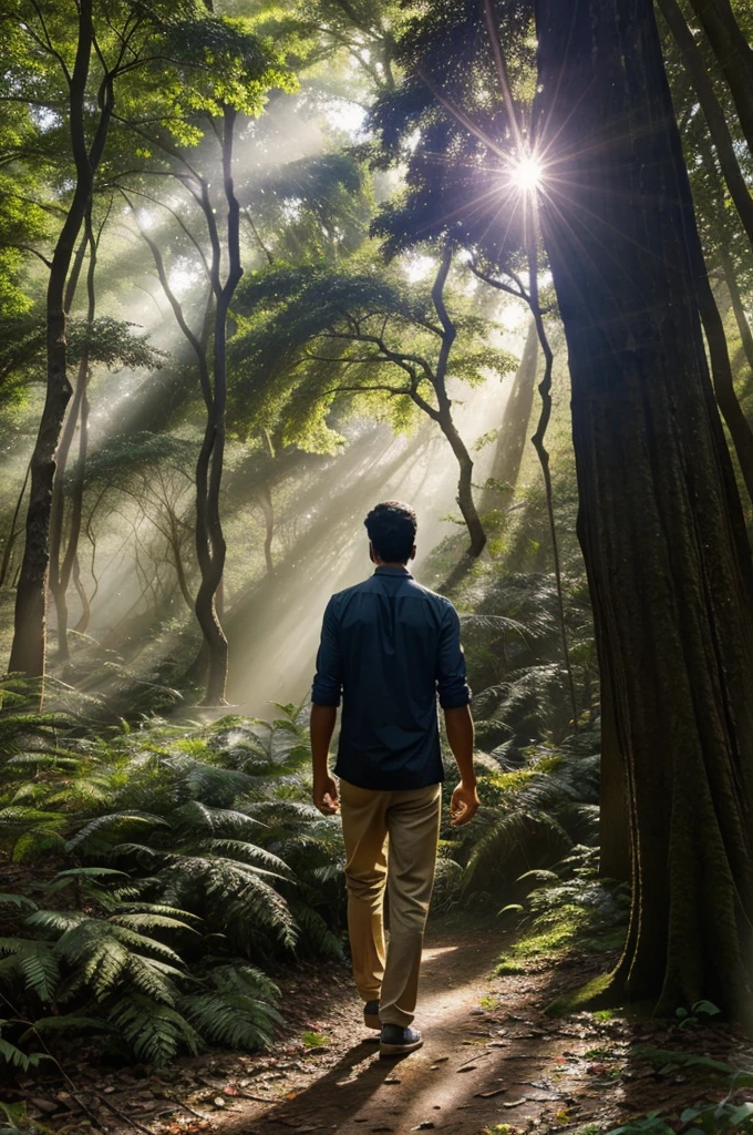 A dense, mystical forest with sunlight filtering through the trees, Arjun walking and listening intently to a strange, melodious sound."