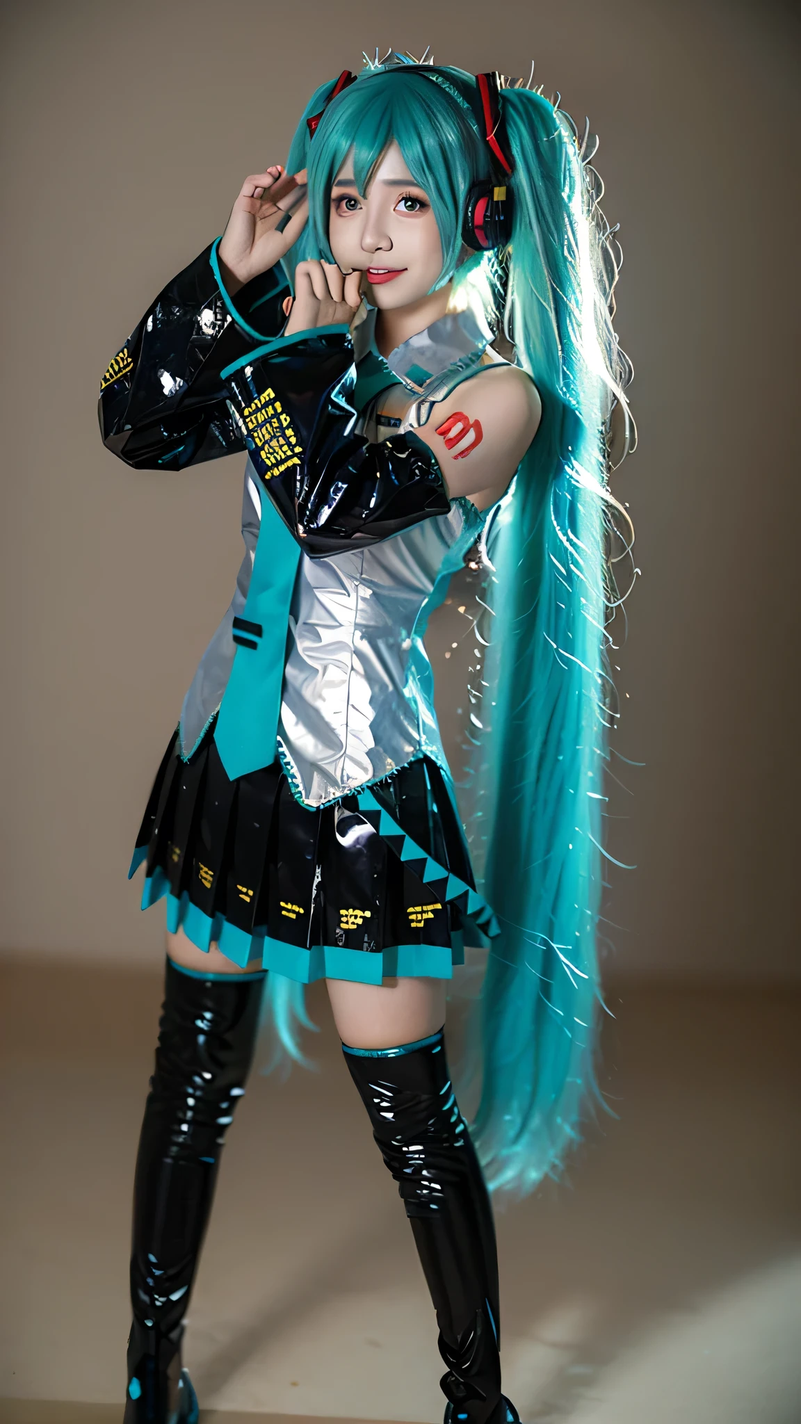 Highest quality, masterpiece, Realistic, photoRealistic, A young , alone,Short stature, View your viewers, Crying face, Are standing, whole body, Shiny PVC material hatsune miku cosplay costume, hatsune miku, Cosplay, Aqua Hair, Twin tails, Very long hair, hair ornaments, Headphones, headset, shirt, skirt, pleated skirt, PVC neck tie, aqua ones, Thigh-high boots, Removable sleeves, tattoo, Simple Background, 4K,