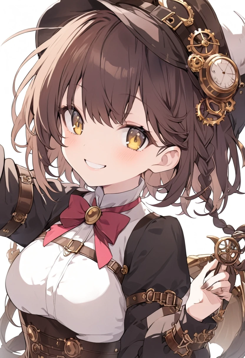 steampunk,beautiful girl,Braid,short hair,Brown Hair,Yellow Eyes,smile,cute