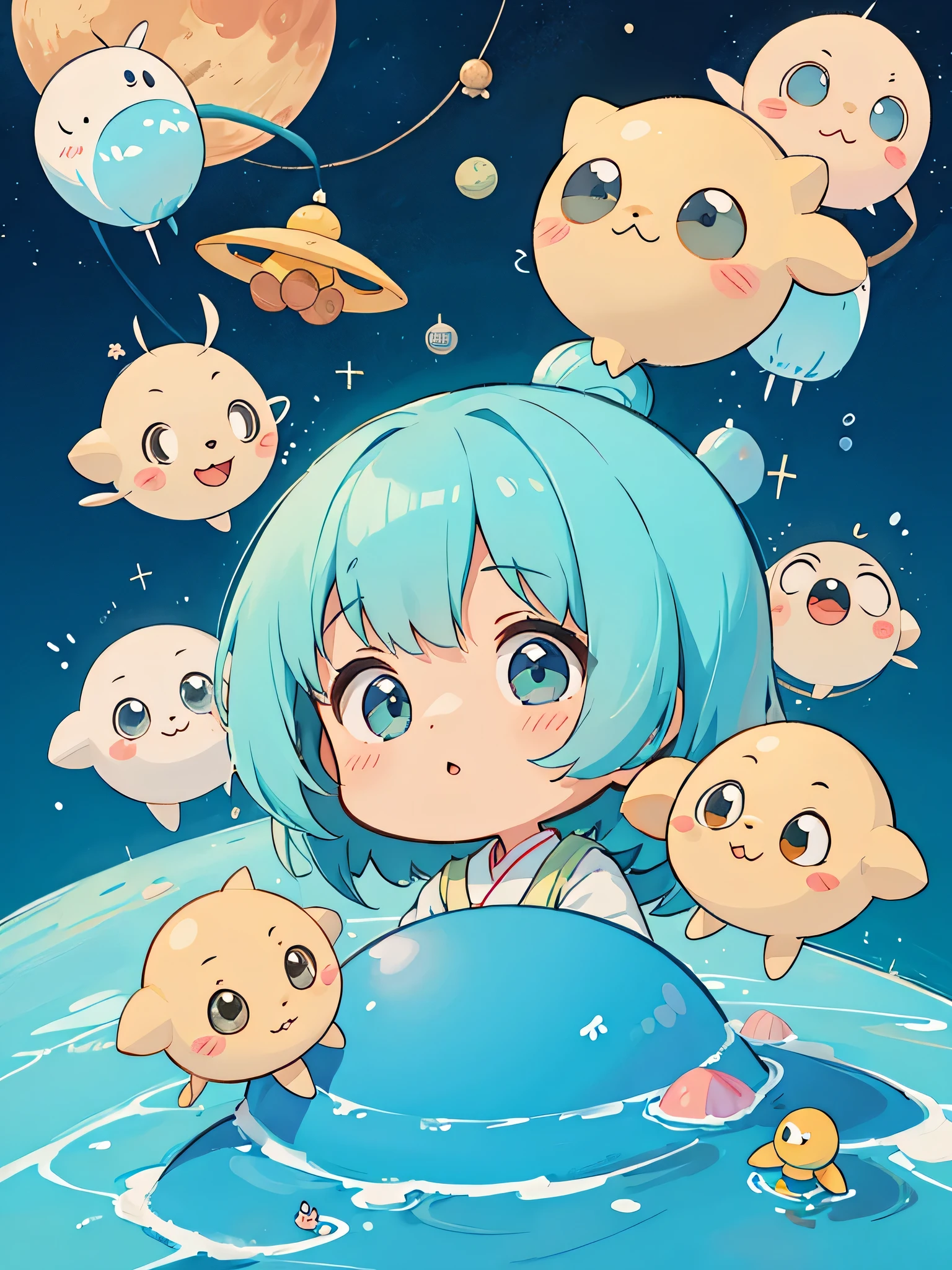 hayao miyazaki style, Kawaii Design, The most beautiful girl of all time、chibi, Cute humanoid alien、Mars exploration、fun, discussion
