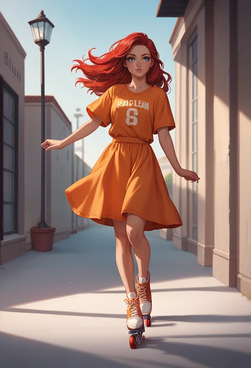 beautiful red hair, blue eyes, Orange overall, attire, open hair, American, 19 years old, Beautiful girl, prisoner, Roller skating in a prison yard, adorable, 1 girl