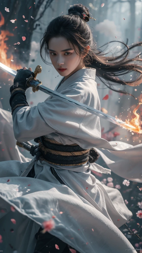 ((A beautiful woman holding a sword)), whole body:1.5, white floral kimono, Wearing warrior armor, Wearing zori shoes, View your viewers, Fighting pose with sword, Fluttering Hair, Long black hair, (masterpiece, 最high quality, high quality, High resolution, Very detailed), Glossy, beautiful lips, KPOP idol faces, Beautiful Korean woman face, Vibrant colors, The background is war, Burning Castle Town, Rising Smoke, Flames flare up, war, Outdoor,最high quality,masterpiece,figure,Very delicate and beautiful,CG,Unity,8k wallpaper,wonderful,In detail,masterpiece,Official Art,Very detailed CG Unity 8k wallpaper,Incredibly absurd,Large file size,Very detailed,High resolution,Very detailed,Beautiful detailed girl,Realistic,(masterpiece, 最high quality, high quality, High resolution, Very detailed),