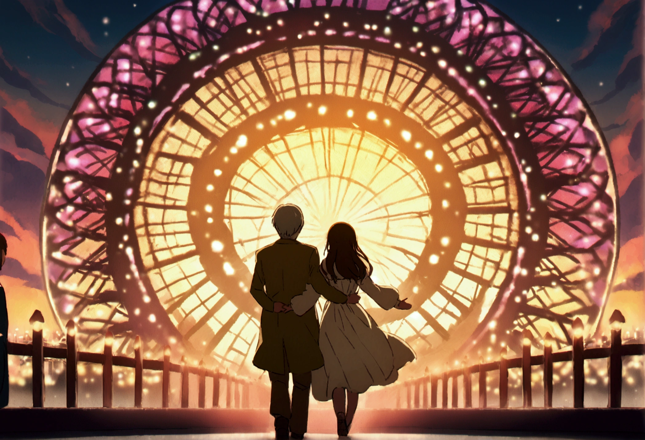 A vibrant and heartwarming anime scene of a young girl in a flowing white dress walking happily with her transparent parents. The girl seems to be glowing with joy as she embraces her parents, who are semi-transparent, indicating an otherworldly or supernatural connection. The park setting is filled with festive lights and a large Ferris wheel in the background. The overall mood of the image is whimsical and nostalgic, with a touch of magical realism., anime, vibrant