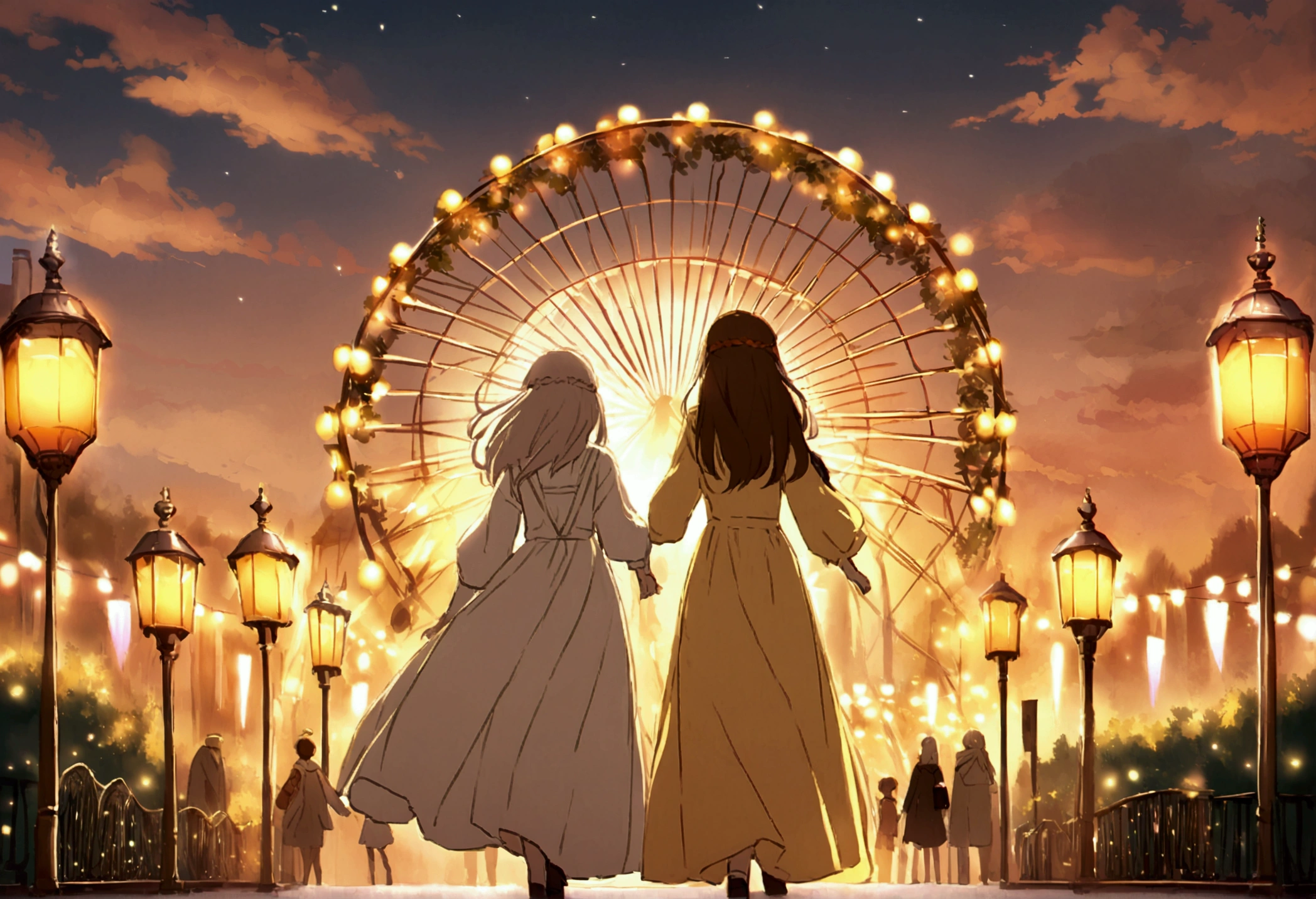 A vibrant and heartwarming anime scene of a young girl in a flowing white dress walking happily with her transparent parents. The girl seems to be glowing with joy as she embraces her parents, who are semi-transparent, indicating an otherworldly or supernatural connection. The park setting is filled with festive lights and a large Ferris wheel in the background. The overall mood of the image is whimsical and nostalgic, with a touch of magical realism., anime, vibrant