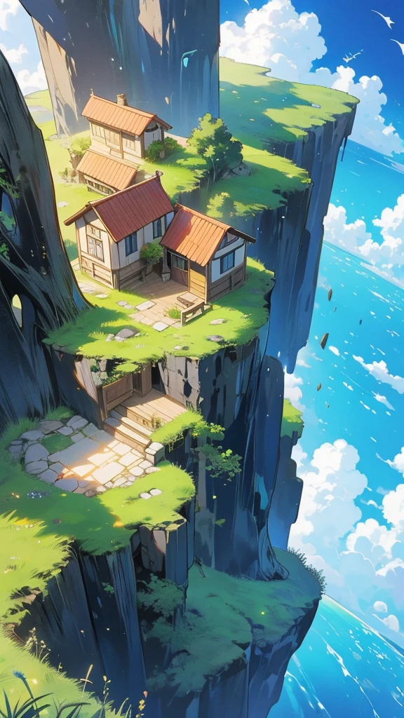 Beautiful scenery, small house situated on high cliff, beautiful sky with clouds and greenery everywhere