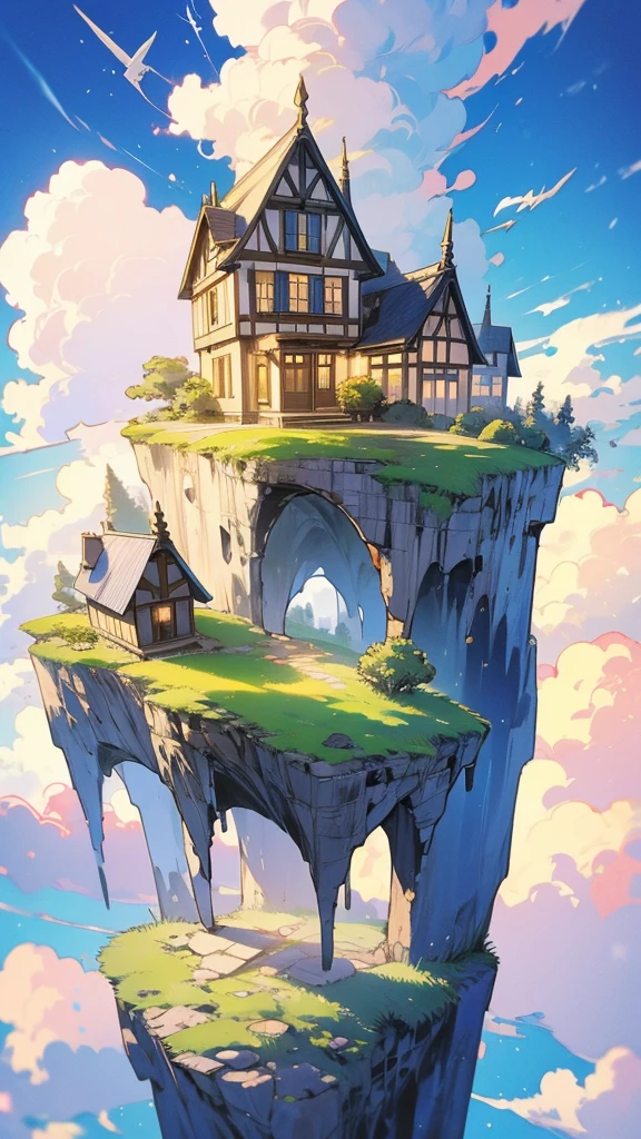 Beautiful scenery, small house situated on high cliff, beautiful sky with clouds and greenery everywhere
