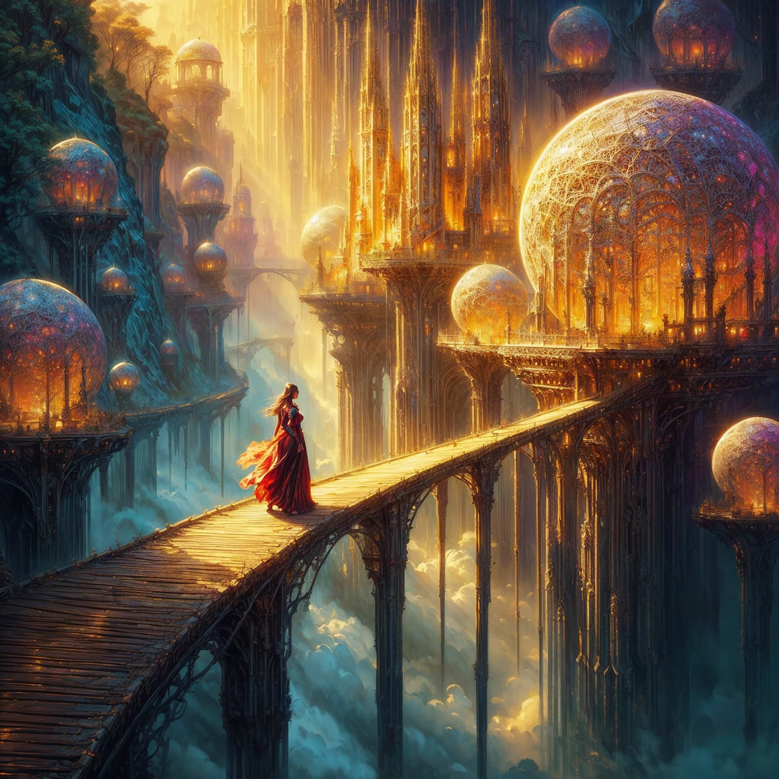 a woman in a red dress is walking on a bridge over a city, breathtaking fantasy art, beautiful fantasy painting, detailed fantasy digital art, beautiful fantasy art, magical colors and atmosphere, cinematic fantasy painting, magical colours and atmosphere, inspired by Marc Simonetti, in front of a fantasy city, fantasy digital painting, elegant cinematic fantasy art, highly detailed fantasy art