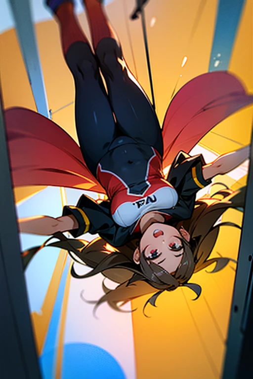 (((best quality))), ((masterpiece)), (detailed), a girl, full body, jumping off a bridge, tight and vibrant bungee jump clothes, hanging from her feet upside down, with her mouth open, 😀, emotion, open arms, long flowing hair, vision by an 8k drone,