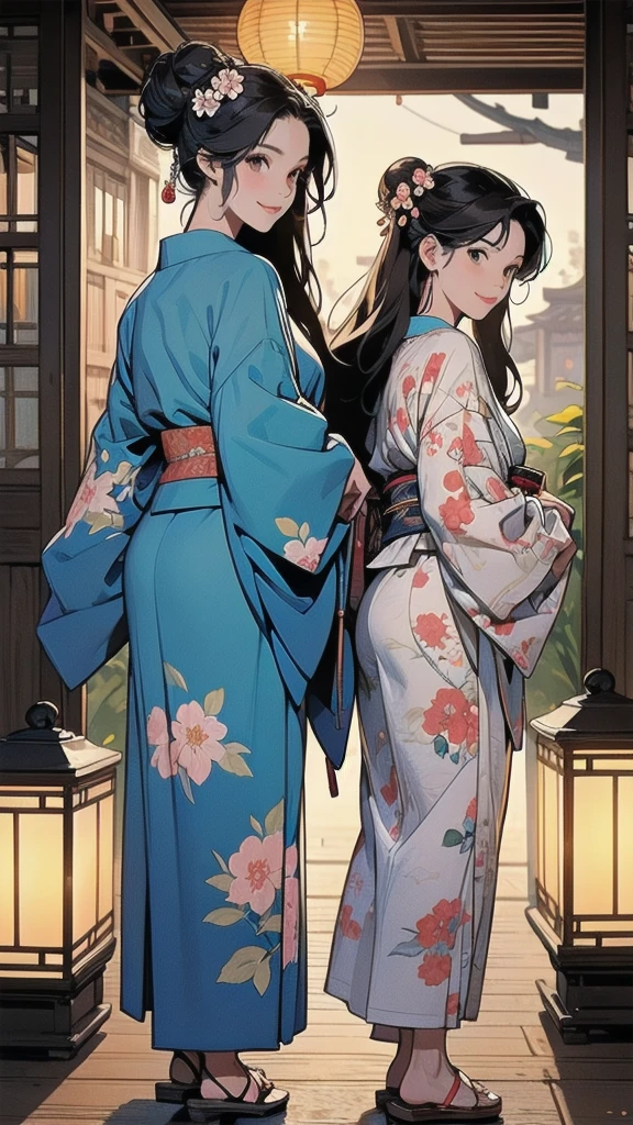 long hair, looking at viewer, smile, multiple girls, black hair, hair ornament, long sleeves, holding, 2girls, brown eyes, standing, full body, flower, outdoors, japanese clothes, looking back, hair flower, wide sleeves, kimono, , sash, obi, floral print, sandals, single hair bun, lantern, geta, blue kimono, tabi, print kimono, east asian architecture, paper lantern
