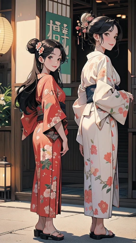 long hair, looking at viewer, smile, multiple girls, black hair, hair ornament, long sleeves, holding, 2girls, brown eyes, standing, full body, flower, outdoors, japanese clothes, looking back, hair flower, wide sleeves, kimono, from behind, sash, obi, floral print, sandals, single hair bun, lantern, geta, blue kimono, tabi, print kimono, east asian architecture, paper lantern
