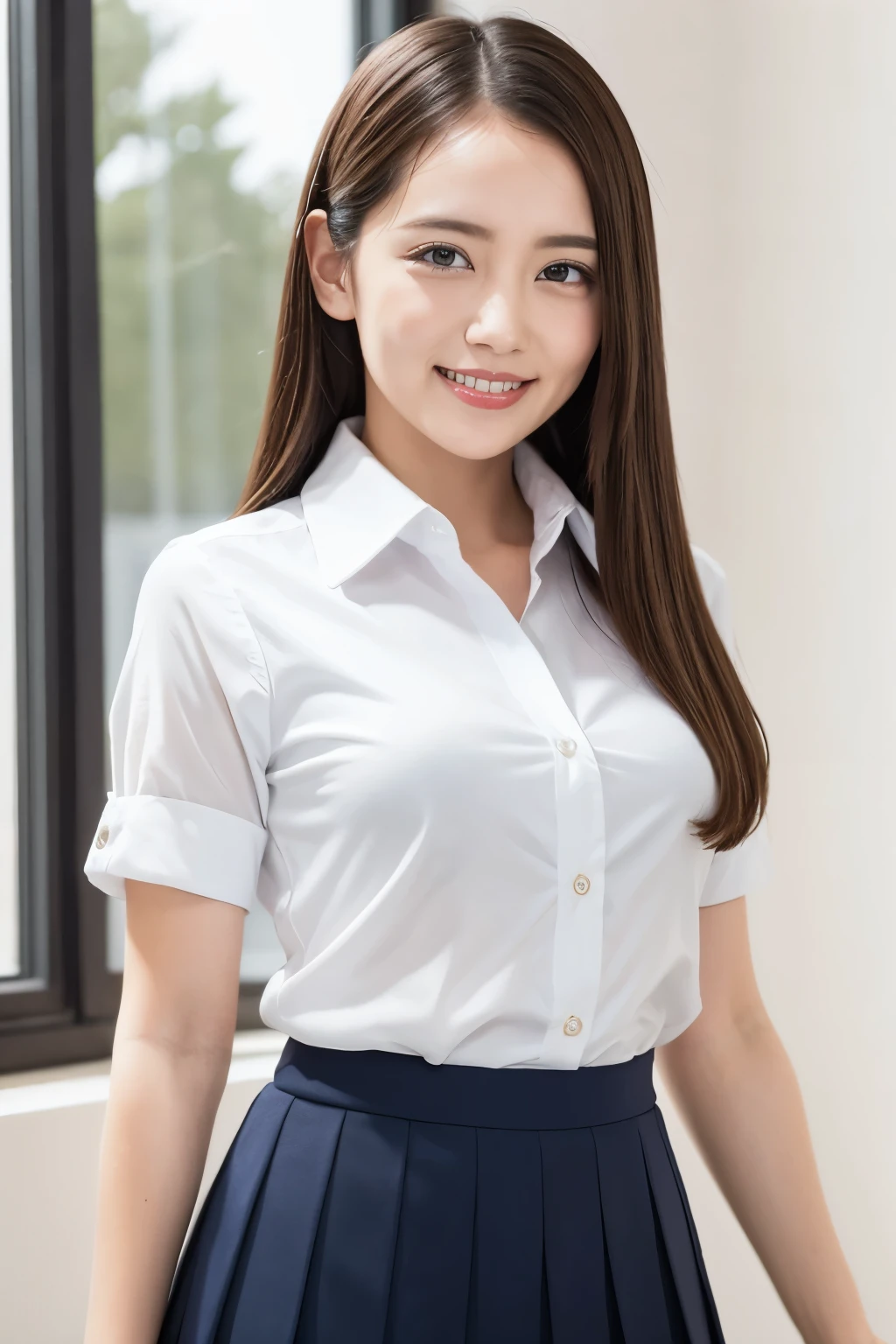 (Highest quality、Tabletop、8k、Best image quality、Award-winning works)、Cute school girl、(White polyester collared shirt:1.1)、(Navy Pleated Skirt:1.1)、Girl portrait photography、Glowing Skin、Standing Elegantly、(Blurred simple school classroom background:1.1)、smile、Smiling with beautiful teeth、Close-up of face