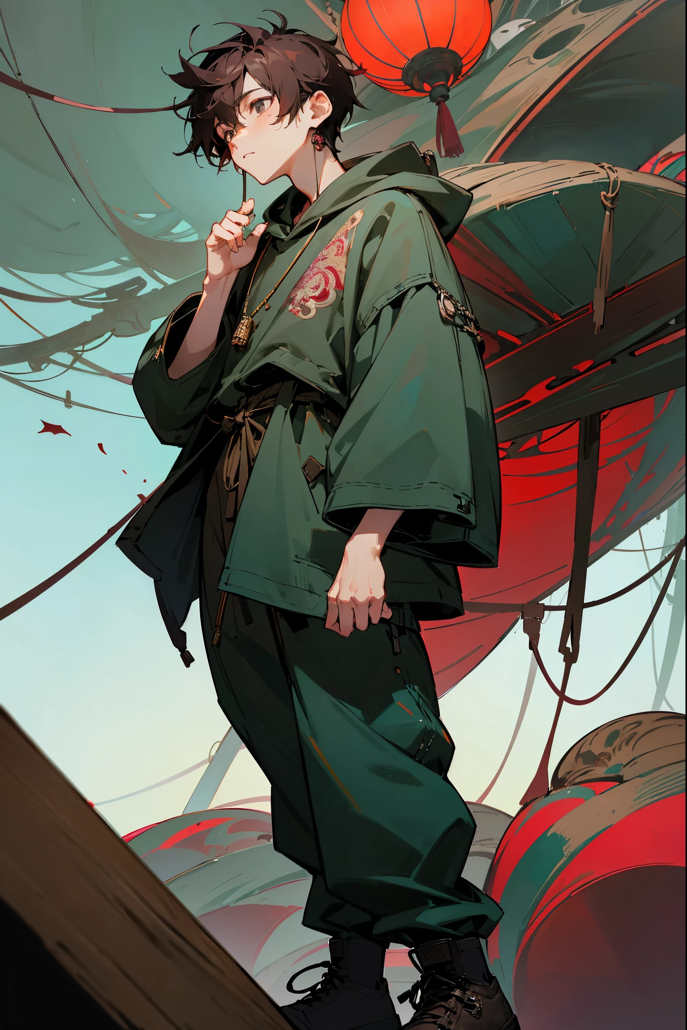 1male, dark burgundy hair, styled in a messy, layered cut, piercing gray eyes, contemplative expression, oversized teal hoodie with abstract designs, baggy brown cargo pants, black hiking boots, a silver chain necklace, whimsical treehouse background with intricate wooden structures and hanging lanterns, detailed face, hands to side, standing on path