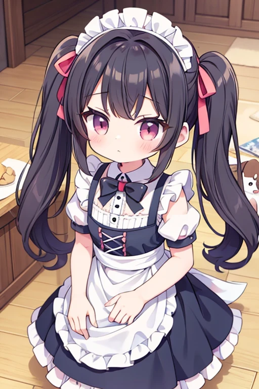 Highest quality,masterpiece,dogcafe,Girl clerk,Maid clothes,(Pomeranian,Multiple small dogs 1.3),Anime Style,cute,Twin tail hair,