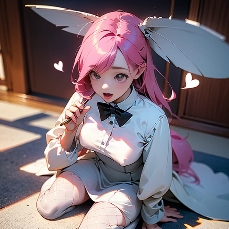 Fishnet stockings, , People Girl, Very detailed, Super Detail, Ultra-high resolution, Full Body Love, (Reality: 1.4), (best quality), (Best shadow), ulzzang-6500, High Detail, (: 1.3), Nipple swelling, The eyes are the heart, White clothes, look down, from below angle, Stylistic image of woman sitting on the floor, Chubby body, Pink Hair, Open your mouth and stick out your tongue