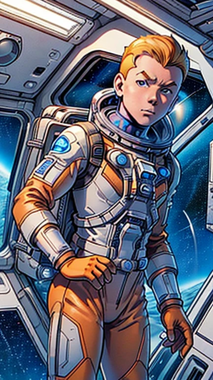 (1man, Tintin,1boy), (extremely detailed CG unit 8k wallpaper),(master part), (best quality), (ultra detail), (best illustration),(Deodato), cowboy shot, (Sharp eyeliner, ombre, detailed eyes:1), Outer Space Station interiors background, ,break , (astronaut in an orange space suit), upper body,short hair ,blonde hair, 