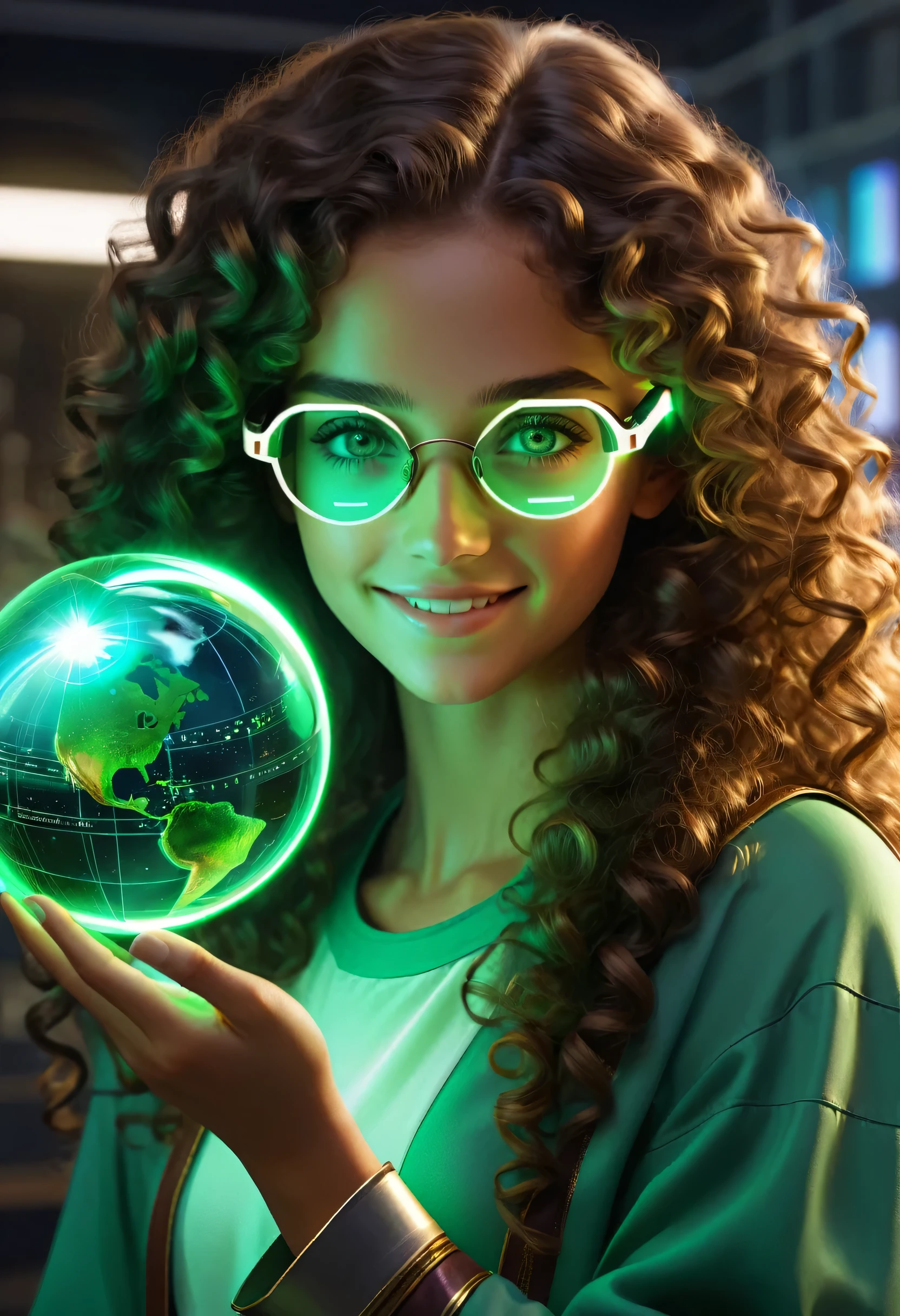 gemtech , Science-Fiction, internal reflections , transparent, inner details , Scholars , scroll, 1 girl,long hair, curly hair, glowing green eyes, smile ,closed mouth, fire von hair hair, hold a globe , green eyes, holding virtual glasses as like VR , showing us the innosoft future, this girl is Enginneer trying to change the future, she is a super woman 