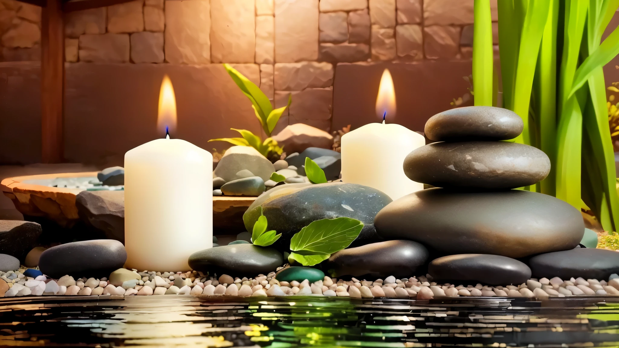 close-up of candle and stones on the table, health Spa and meditation center, paradise garden massage, peaceful atmosphere, feeling zen, Tranquil environment, Calm scene, Zen atmosphere, peaceful atmosphere, Spa, Feng Shui, Zen Meditation, warm and tranquility, Peaceful environment, relaxing atmosphere, serene emotions, relaxing, Serenity & tranquility, relaxing mood, Blissful atmosphere