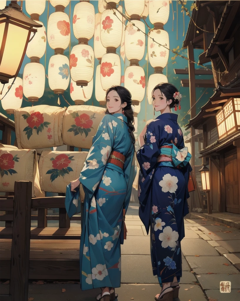 long hair, looking at viewer, smile, multiple girls, black hair, hair ornament, long sleeves, holding, 2girls, brown eyes, standing, full body, flower, outdoors, japanese clothes, looking back, hair flower, wide sleeves, kimono, from behind, sash, obi, floral print, sandals, single hair bun, lantern, geta, blue kimono, tabi, print kimono, east asian architecture, paper lantern