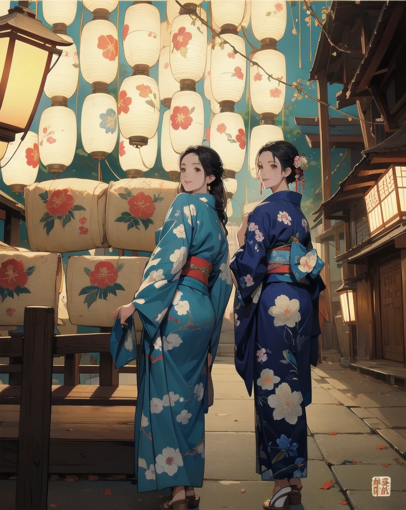 long hair, looking at viewer, smile, multiple girls, black hair, hair ornament, long sleeves, holding, 2girls, brown eyes, standing, full body, flower, outdoors, japanese clothes, looking back, hair flower, wide sleeves, kimono, from behind, sash, obi, floral print, sandals, single hair bun, lantern, geta, blue kimono, tabi, print kimono, east asian architecture, paper lantern