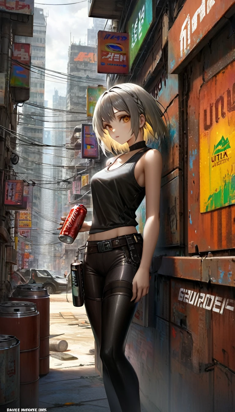 a girl in a leather miniskirt and tight tank top,,advertising signs in the desert,rusty smooth metal panels with screwed and welded parts,in the distance can see a futuristic city,(best quality,4k,8k,highres,masterpiece:1.2),ultra-detailed,(realistic,photorealistic,photo-realistic:1.37),concept art,cyberpunk,vibrant colors,dramatic lighting,cinematic,moody atmosphere (art inspired by Dave Mckean, details intricate, oil painting)

