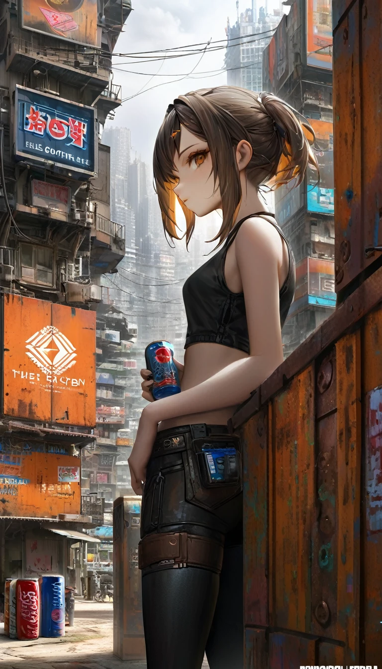 a girl in a leather miniskirt and tight tank top,,advertising signs in the desert,rusty smooth metal panels with screwed and welded parts,in the distance can see a futuristic city,(best quality,4k,8k,highres,masterpiece:1.2),ultra-detailed,(realistic,photorealistic,photo-realistic:1.37),concept art,cyberpunk,vibrant colors,dramatic lighting,cinematic,moody atmosphere (art inspired by Dave Mckean, details intricate, oil painting)