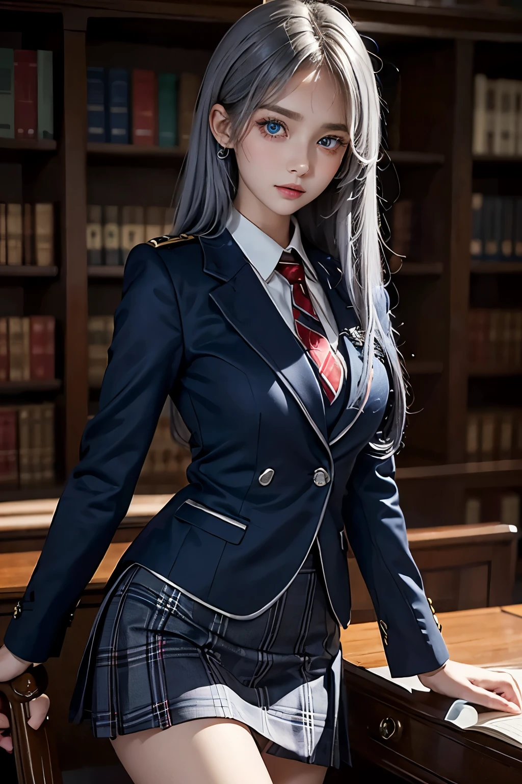 masterpiece,Highest quality,Very detailed,beautiful girl,Navy blue blazer uniform,Red checked skirt, teenager,Silver Hair,blue eyes,Perfect Face,Beautiful and detailed eyes,Beautiful Skin,skinny,Dynamic,A great library