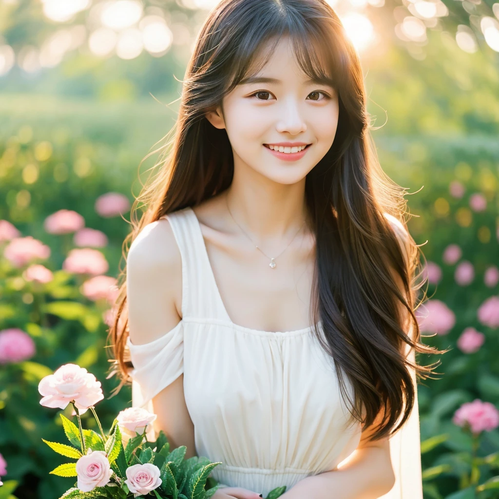 Create an image of a young woman around 25 years old, inspired by the provided image. The woman should have long, flowing hair and a gentle smile, holding a bouquet of flowers similar to the one in the reference. The setting should be a beautiful outdoor environment with greenery in the background, reminiscent of a sunny day. The woman should have a slightly more mature appearance while maintaining a warm and friendly expression. Ensure the lighting and color tones are soft and natural, highlighting her youthful yet mature beauty.
