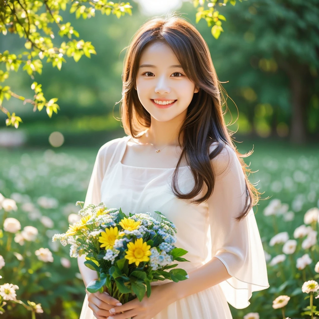 Create an image of a young woman around 25 years old, inspired by the provided image. The woman should have long, flowing hair and a gentle smile, holding a bouquet of flowers similar to the one in the reference. The setting should be a beautiful outdoor environment with greenery in the background, reminiscent of a sunny day. The woman should have a slightly more mature appearance while maintaining a warm and friendly expression. Ensure the lighting and color tones are soft and natural, highlighting her youthful yet mature beauty.
