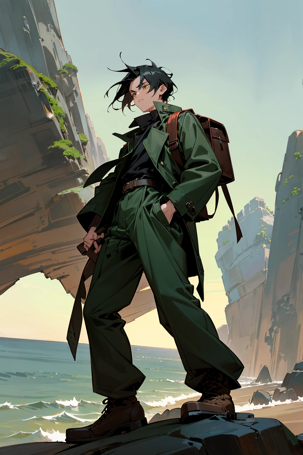 1male, jet black hair, styled in a spiky anime-inspired fashion, intense amber eyes, adventurous expression, oversized forest green trench coat with a high collar, baggy gray cargo pants, rugged brown combat boots, a vintage leather backpack, serene cliffside background with sweeping ocean views and dramatic rock formations, detailed face, hands to side, standing on path