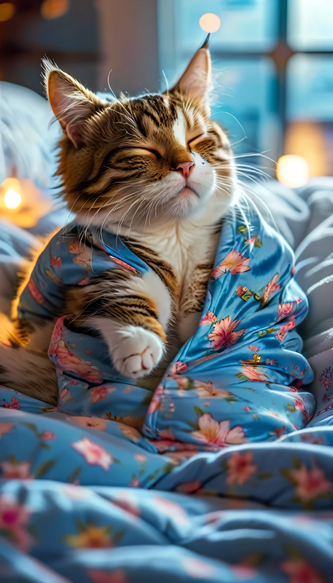 ((8k)), highest quality, 超High resolution, (High resolution), A cat lying on its back in bed wearing pajamas with its eyes closed, Dreaming