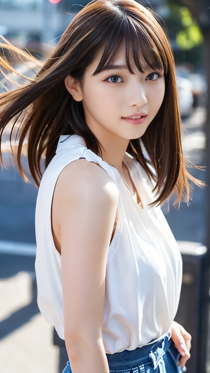 Sexy Big 、A cute 20-year-old girl with a sexy and cute look, beautiful and sexy face、A strong wind blows my hair in front of my face、With straight blonde hair、beautiful, Cute and sexy eyes hidden behind long bangs