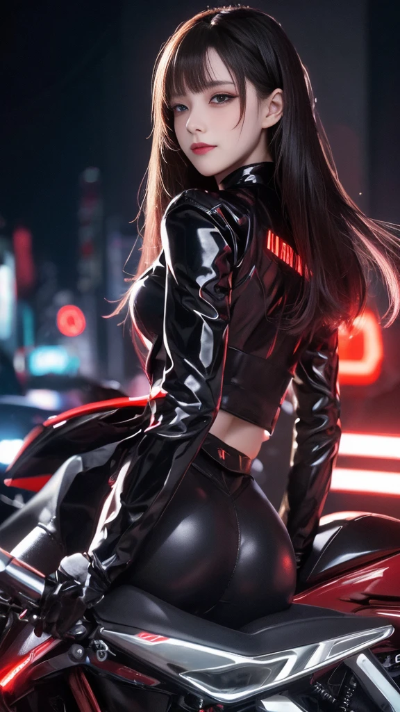 high resolution,8k,1女の子のDetailed, Cyberpunk Costume,Only black clothing,The costume is shiny,Shiny red long hair,8k,Detailed目,8k, Detailed,The background is white,Riding a motorcycle,The bike is heading this way