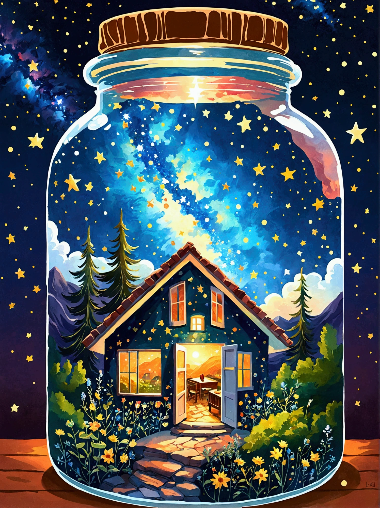 1 pzsj1, masterpiece,Highest quality,(A very delicate and beautiful starry sky scene trapped in a bottle、house with chimney), World Masterpiece Theatre, High Resolution Isometric, Highest quality, figure, Thick Coating, canvas, Painting, realism, realism
