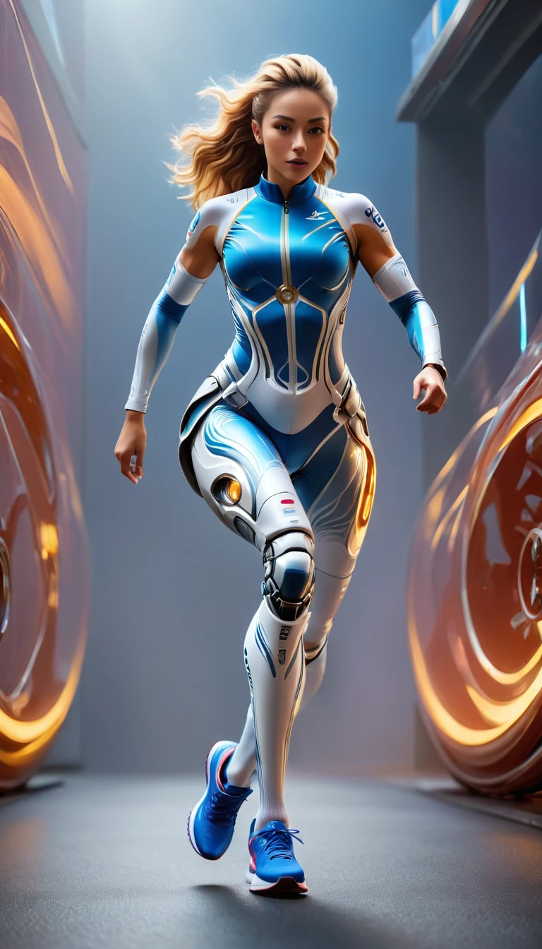 a  sports shot of a para Olympic game participant runner, (one of her legs) is mechanical prosthetic leg, a woman sports athlete, ((full body shot: 1.5)), ((anatomically correct: 1.5)) (ultra detailed face: 1.2), dynamic hair style, dynamic hair color, dynamic skin complexion, wearing track suit, sports shoes, running in the Olympics, she has (one mechanical leg), vibrant, Ultra-high resolution, High Contrast, (masterpiece:1.5), highest quality, Best aesthetics), best details, best quality, highres, 16k, [ultra detailed], masterpiece, best quality, (extremely detailed) RAW, photograph Cinematic Hollywood Film