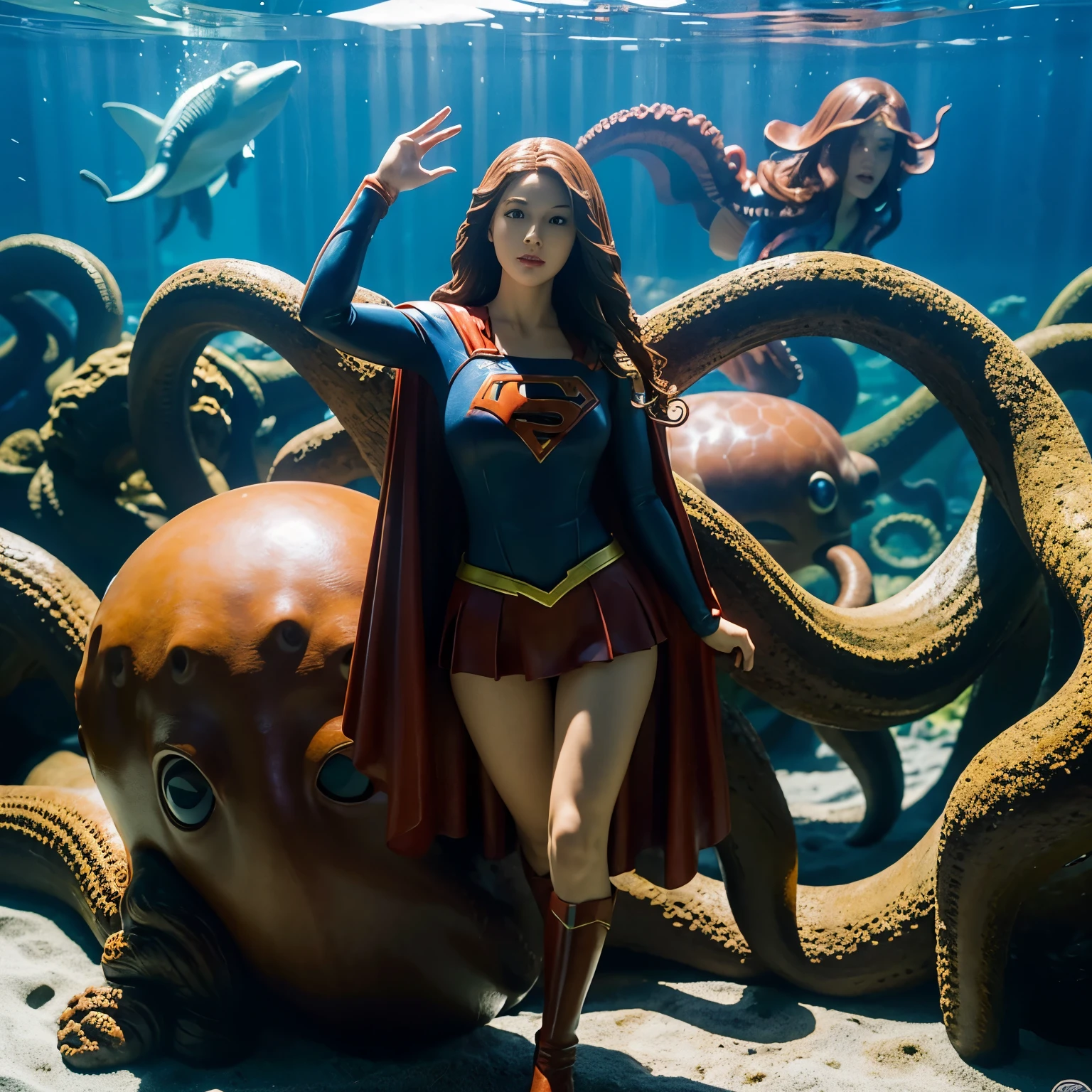 A giant octopus figure is trying to grab the Supergirl figure with its tentacles、Giant octopus statue with a huge face、The giant octopus figure is 1.Five times the size of a Supergirl figure.、1/6th scale adult figure、Inside the giant aquarium、