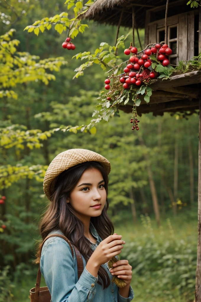 ((Best quality)), Young woman, village, Mushrooms, berries, birds