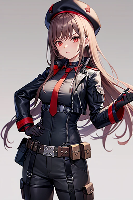 Rapi, Belt Pouch, Hat, Brown hair, Black hat, red necktie, beret, closed mouth, cropped jacket, choker, gloves, neck tie, Black Niso, Red gloves, black jacket, utility belt, boots, Open clothes, Black cargo pants, solo, long hair, 1girl, simple background, belt, cowboy shot, black choker, red eyes, big breasts, long-sleeves, cargo pants