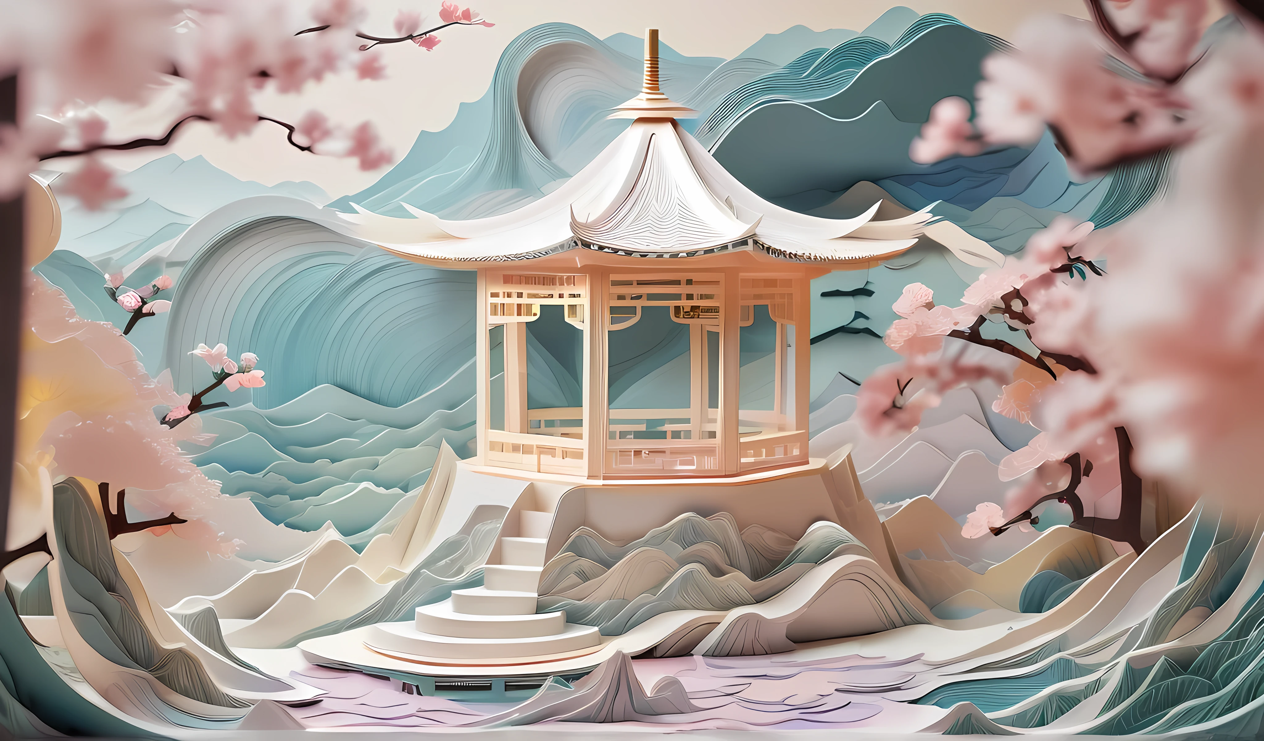 there is a paper cut of a pagoda in the middle of a mountain, pop japonisme 3 d ultra detailed, digital painting of a pagoda, japonisme 3 d 8 k ultra detailed, background depicting a temple, layered paper art, paper modeling art, intricate 3 d illustration, with ancient chinese aesthetic, paper art, scenery art detailed, oriental wallpaper