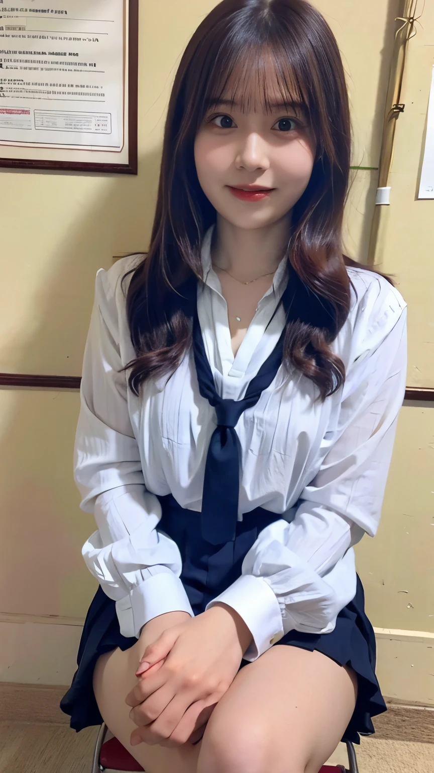 (8k、RAW Photos、Highest quality、masterpiece:1.2)、(Realistic、Realistic)、1 girl、((High School Uniform:1.6、White blouse、Navy blue pleated skirt))、Short Bob、View from the front、smile、Looking at the camera 、smile))、cute、Large Breasts、Cleavage、classroom、Sitting in a chair、Legs crossed
