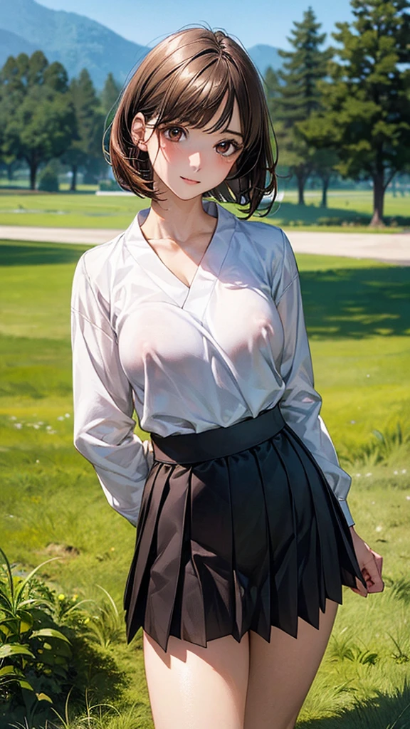 (masterpiece:1.2, top-quality), (realistic, photorealistic:1.4), beautiful illustration, (natural side lighting, movie lighting),
looking at viewer, cowboy shot, front view, 1 girl, japanese, high school girl, perfect face, cute and symmetrical face, shiny skin,
(short hair:1.2, bob cut:1.2, brown hair), swept bangs, dark brown eyes, long eye lasher, (large breasts:0.6, seductive thighs),
beautiful hair, beautiful face, beautiful detailed eyes, beautiful clavicle, beautiful body, beautiful chest, beautiful thigh, beautiful legs, beautiful fingers,
In the grass of a meadow, a girl stands, slightly, legs open. A complete body. Complete hands and legs. Thin waist.
Her face, bright red, flush and shy.
You can see her nipples standing out, even through her shirt. Her breasts are so large that you can see them even through the top of her shirt. (The skirt is shorter than normal, but it is a very short mini-pleated skirt that almost reveals her panties.)The girl has brown hair.
(The skirt is extremely short.), long sleeve white collared shirts, black pleated skirt, black socks)),
(beautiful scenery),