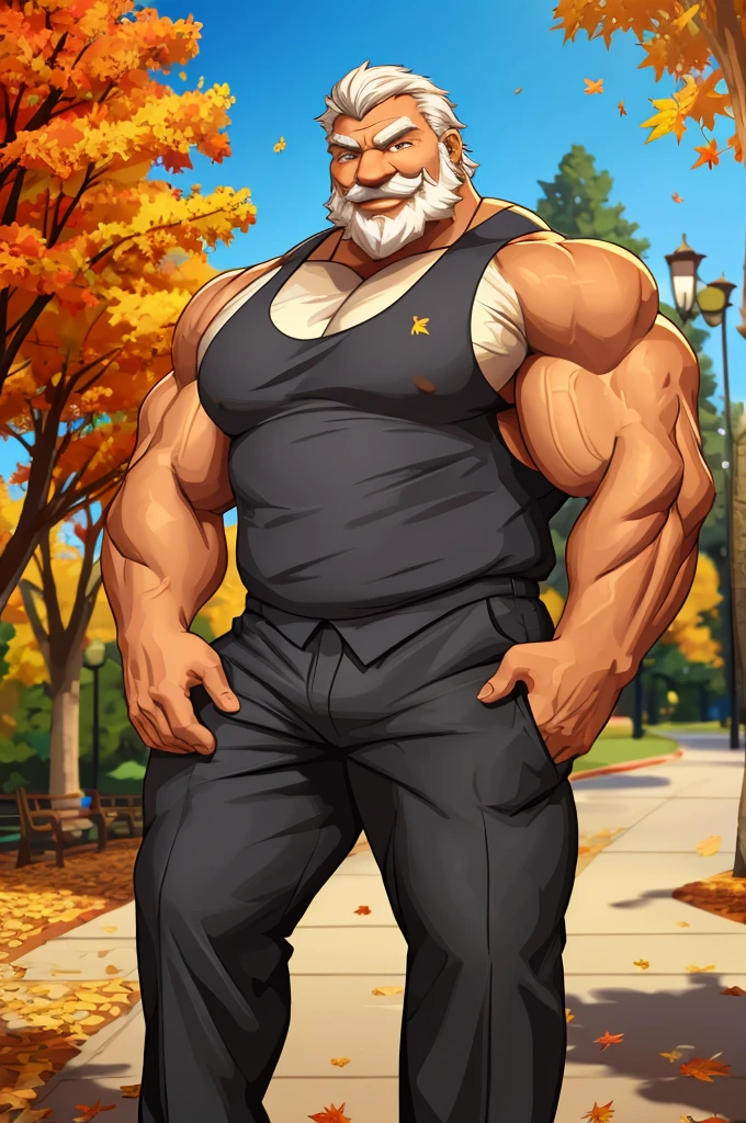 a muscular old man in park, tank top, happy, autumn, suits, vector, mwvector, bokeh, smile, (masterpiece:1.2),(best quality,8k),huge and muscular,thick arms,short hair,white hair,hand on pocket