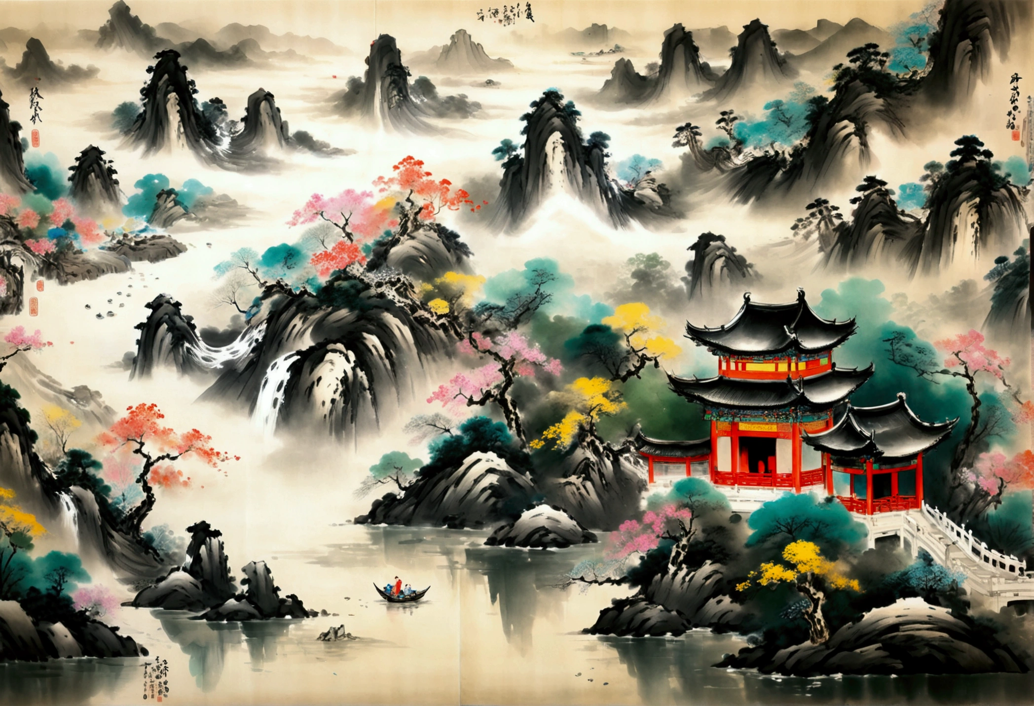 (Panorama, Masterpiece, Best Quality: 1.2), rendering by chinese ink painting, a graceful girl, solo, landscape, perfect Mystical artwork, colorful, Gorgeous,Magnificent,Splendid,Dazzling,Opulent,Luxurious,Exquisite,Sumptuous,Grandiose,Regal