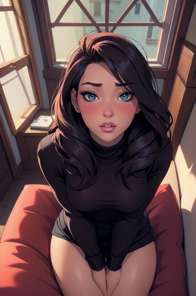 Sexy woman, perfect hair, amazing makeup, seductive gaze, blushing intensely, ready to kiss, long oversized sweater, sitting comfortably on couch, window, natural light beaming through window, beautiful face, seductively gazing at us, very seductively provocative