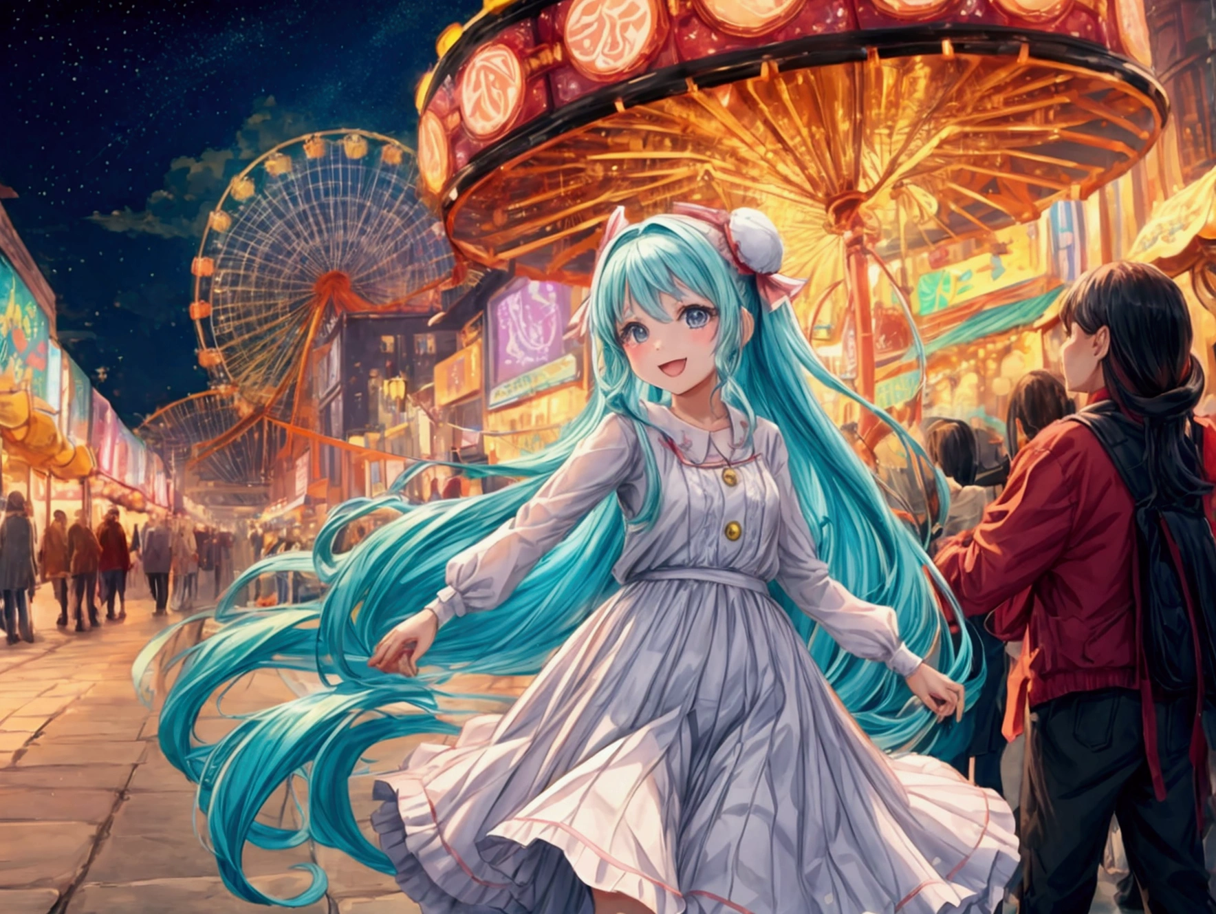 A vibrant and heartwarming anime scene of a young girl in a flowing white dress walking happily with her transparent parents. The girl seems to be glowing with joy as she embraces her parents, who are semi-transparent, indicating an otherworldly or supernatural connection. The park setting is filled with festive lights and a large Ferris wheel in the background. The overall mood of the image is whimsical and nostalgic, with a touch of magical realism., anime, vibrant