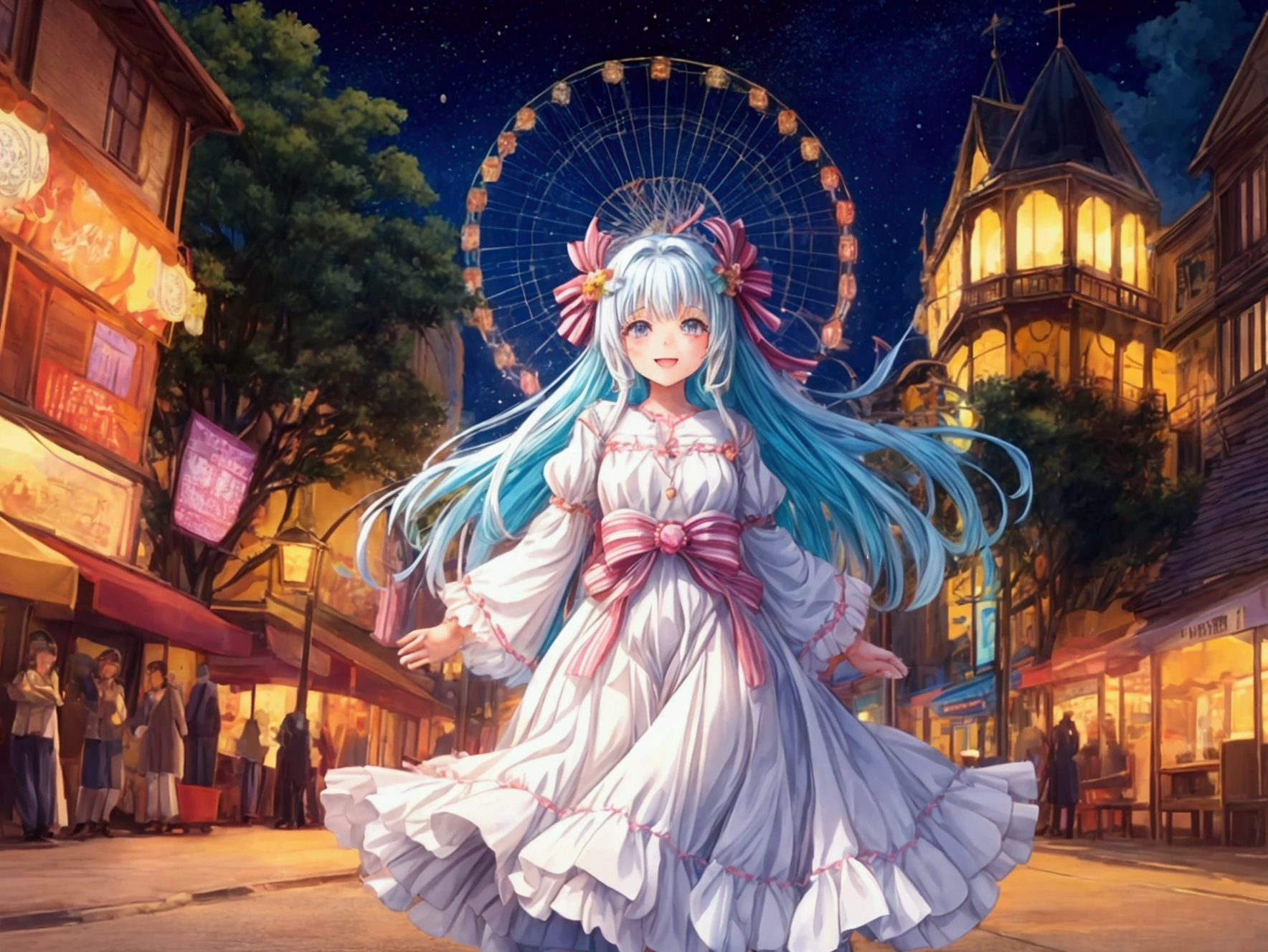 A vibrant and heartwarming anime scene of a young girl in a flowing white dress walking happily with her transparent parents. The girl seems to be glowing with joy as she embraces her parents, who are semi-transparent, indicating an otherworldly or supernatural connection. The park setting is filled with festive lights and a large Ferris wheel in the background. The overall mood of the image is whimsical and nostalgic, with a touch of magical realism., anime, vibrant