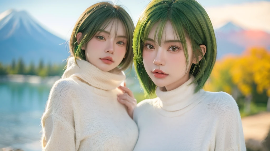 a detailed portrait of a 1 beautiful woman with green hair wearing a turtleneck sweater and long skirt, standing in front of Mt. Fuji, (best quality,4k,8k,highres,masterpiece:1.2),ultra-detailed,(realistic,photorealistic,photo-realistic:1.37),HDR,UHD,studio lighting,ultra-fine painting,sharp focus,physically-based rendering,extreme detail description,professional,vivid colors,bokeh,portraits