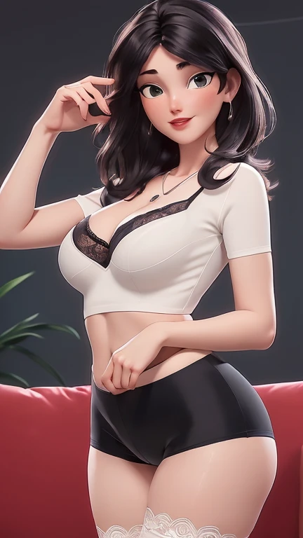(best qualityer:1.4), body focus, (cute face), work of art, ultrarealistic, (((best qualityer))), ((comely Finger)), Gorgeous character design, ,lighting perfeita, colorfully, Ablaze_front_face_lighting, ultra high resolution, high resolution, absurderes:1.2, bokeh:1.2, Lens flare, (Vibrant_colour:1.2), (comely, medium breasts:1.2), (thick-thighs:1.1), thick,
Animated female character, lying on sofa, Pale skin, ((wearing tight lycra shorts sexy lingerie seducive lace lingerie)), ((wearing ultra-tight black lycra shorts and white top)), ((sexy lingerie)), silver necklace with pendant, wrinkles, Red lips, long hair, ((view from the side))