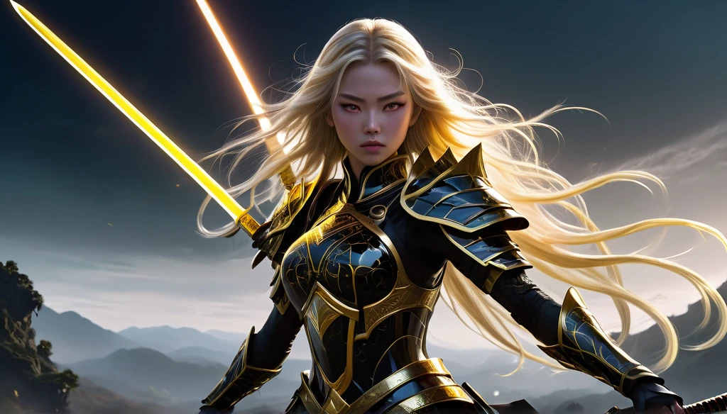 a princess with black and gold sumai armor, shougan armor, holding a long katana, vibrant neon light on her body, glassy yellow eyes, blonde long hair, fighting with many monsters, epic landscape, dramatic lighting, cinematic, hyperrealistic, 8k, photorealistic, award winning digital art, intricate details, volumetric lighting, realistic textures, highly detailed